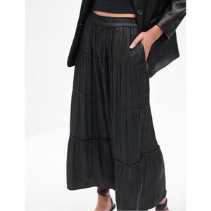 Gap Black Soft Satin Tiered Maxi Skirt Pull on XL Women Goth Witchy Boho Pockets